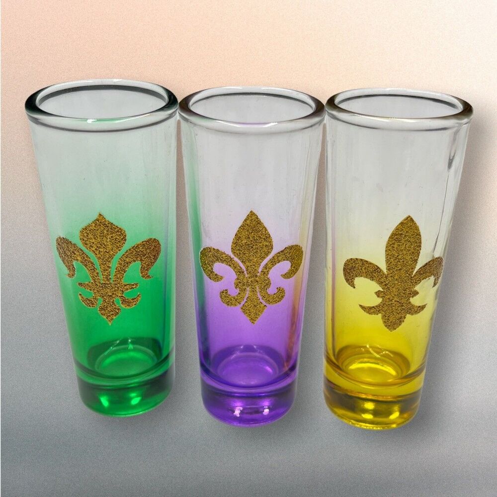 Set of 3 Shot Glasses 2-Ounce each Fleur De Lis Green, Purple, Yellow